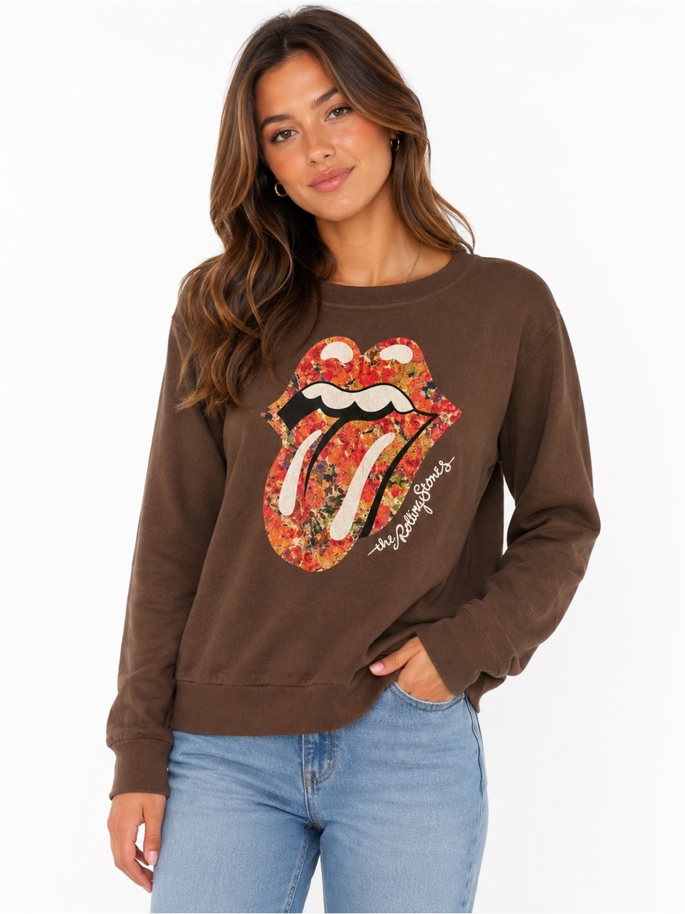 The Rolling Stones Floral Tongue Logo Sweatshirt Brown Graphic Crewneck Size L